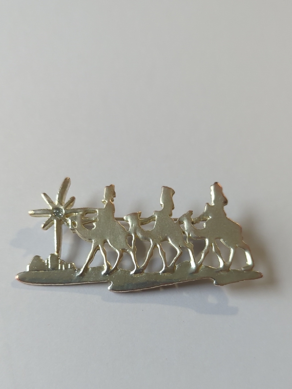 Vintage Silver Toned Wise Men On Camels North Star Brooch W/ Rhinestone In Star